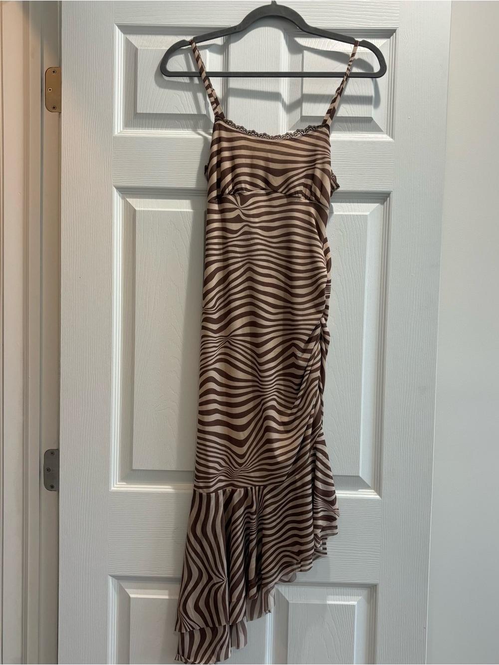 Brown Stripe Ruffle Midi Dress